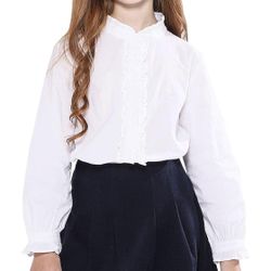 SOLOCOTE Girls White Blouse Ruffle Long Sleeve Button Down Shirts Princess Cotton Loose Soft Tops Spring and Summer   Size: 9-10Y 11-12Y  Brand new 
