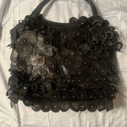 Ameri Leather Black leather tote, circular silver studded circular fringes 