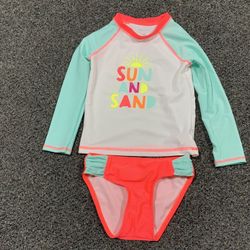 Cat & Jack girls 5T two piece rash guard swimsuit set featuring a "Sun and Sand" graphic