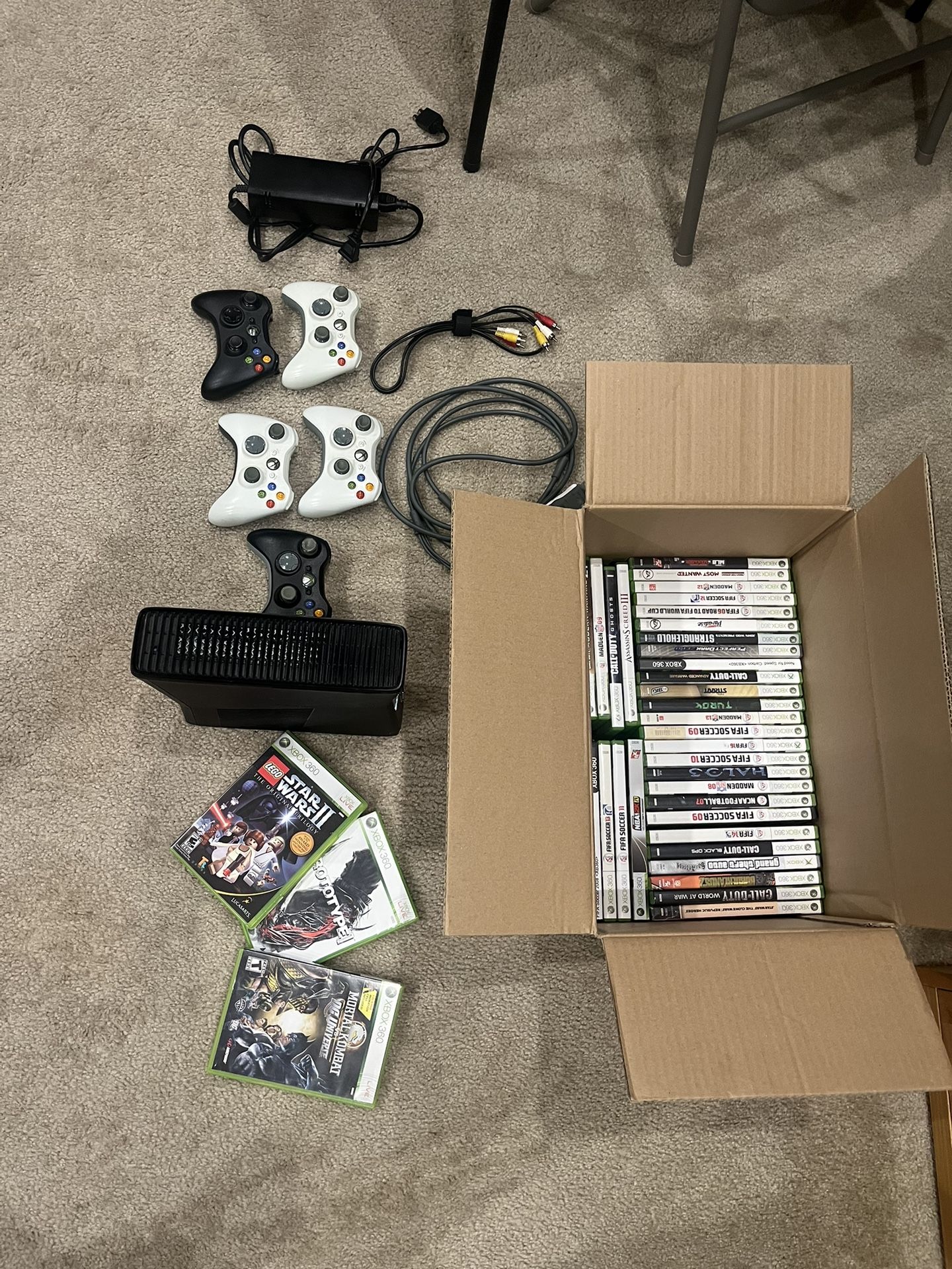 Xbox 360 Lot with 39 games and 5 controllers
