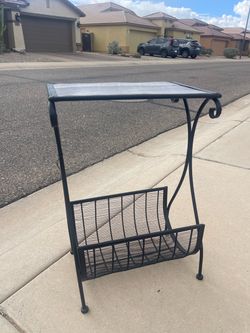 Black Wrought Iron Side Table with Magazine Rack