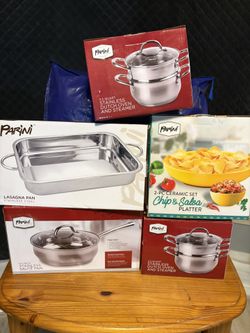 Stainless Dutch Oven, chip and salsa platter, lasagna pan & 9.5 stainless steel sauté pan