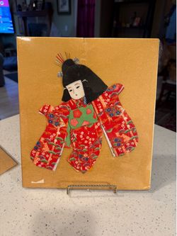 Vintage Japanese Oshie Fabric Relief Hina Princess Wall Art 3D Kimono Plaque 10x10