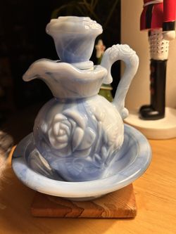 Avon Blue Slag glass Set of Bath Oil Pitcher (empty) & Basin Bowl