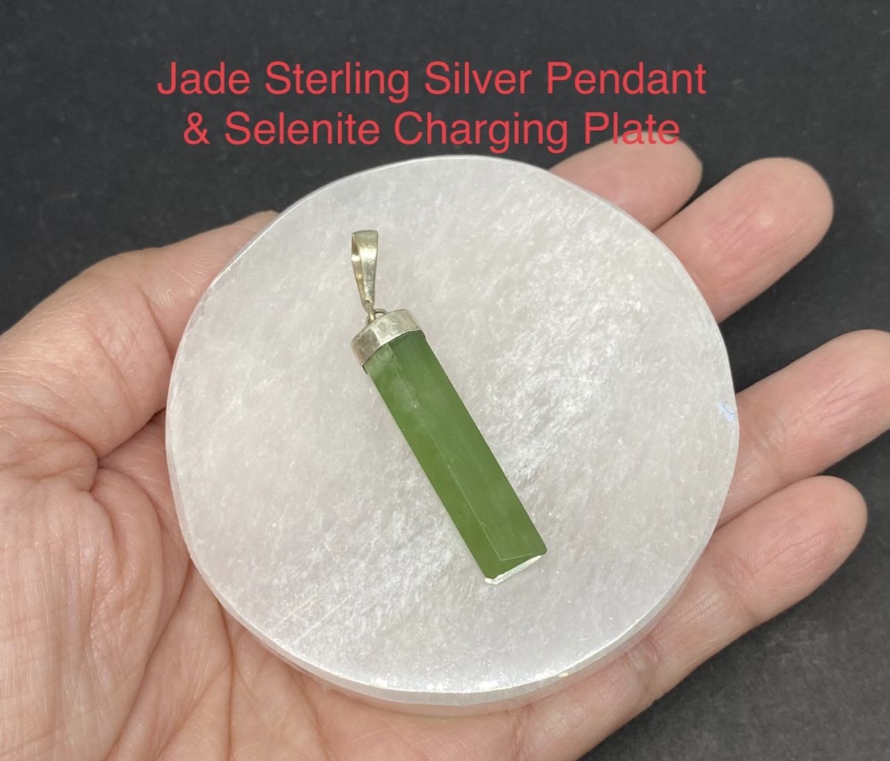 Green Jade Genuine Stone .925 Sterling Silver Pendant & Selenite