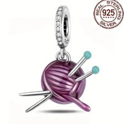 🧶 New! 925 Sterling Silver Purple Yarn Knitting Needles Charm Bead