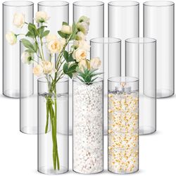Nuogo 12 Pcs Plastic Clear Cylinder Vase For Home 8,12,16 Inch Acrylic Flower Clear Vase Centerpiece For Centerpieces Wedding Party Decorations(10 Inc