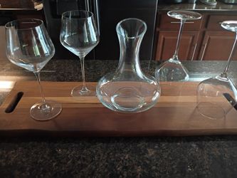 Wine Decanter, Long Stem Glasses With Serving Board