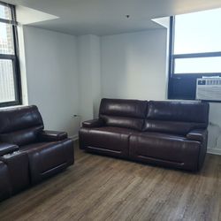 Brown Leather Power Recliner Sofa and Loveseat