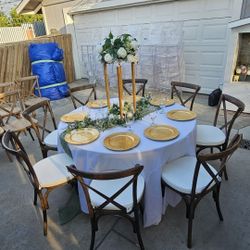CROSSBACK CHAIRS, CHIAVARI CHAIRS, FARM TABLES, CANOPYS, DANCE FLOOR, THRONE CHAIRS, GARDEN CHAIRS, DRAPING, CENTER PIESES, CHARGES 