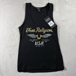 True Religion Women's M Black Crystal Wings Rhinestone Tank Top Shirt Y2K NWT