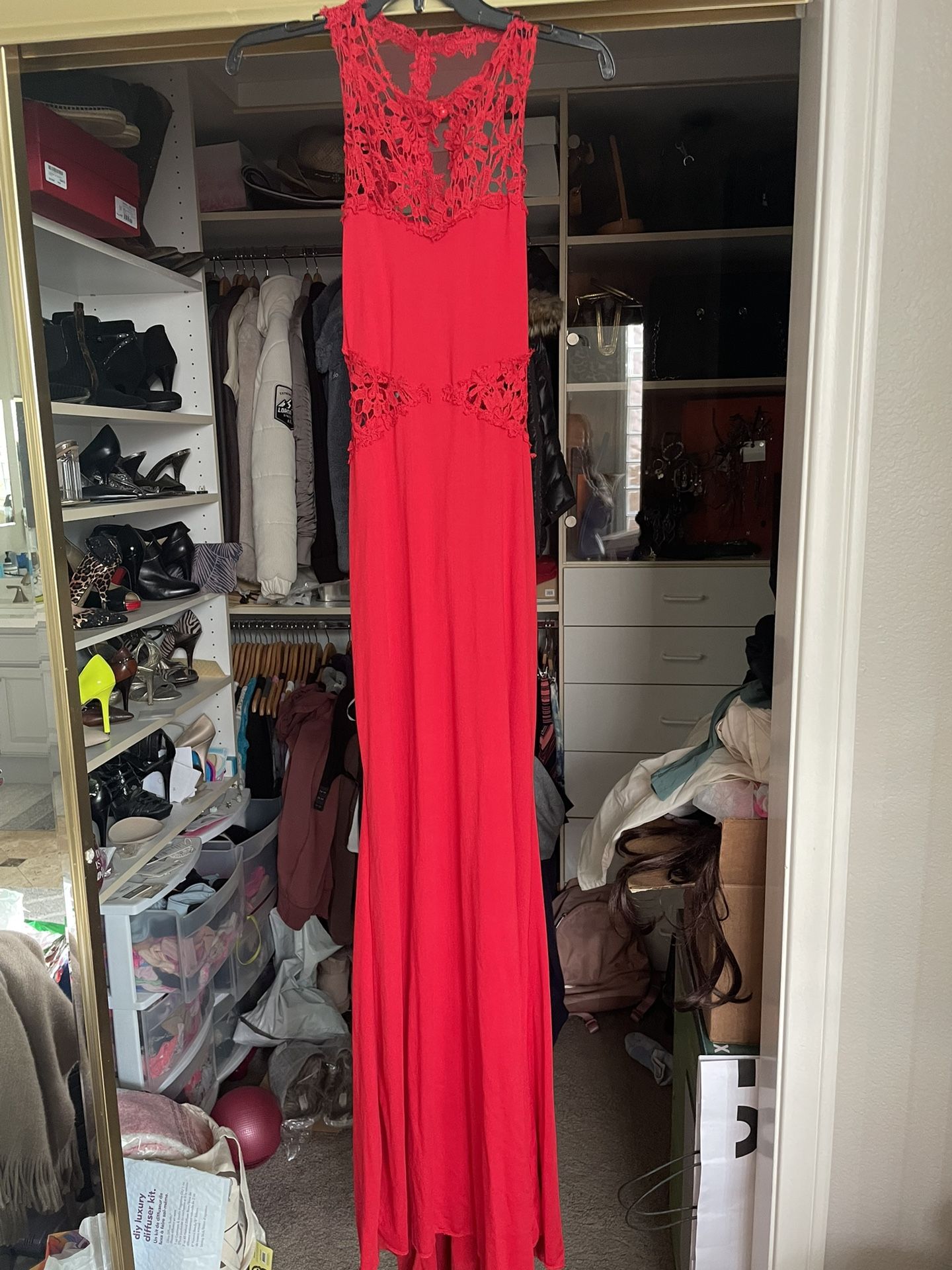 Red Lace Mermaid Maxi Floor Length Gown Dress