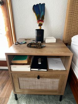 Wood Bedside Table with Drawer and Shelf w/ Built-In Charging Station, USB-C & Outlets – $80