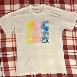 Vintage 90s JAMAICA T-Shirt Mens M Cotton Pink Yellow Blue Palm Trees Sun
