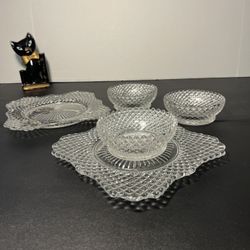 Westmoreland 1940s Pressed Clear Glass Snack Set Diamond & Fan, 2 Plates 3 Bowls