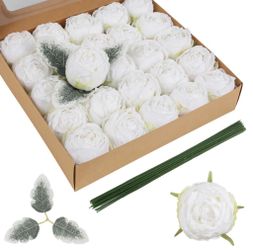 UUXX White Silk Peonies Artificial Flowers 24PCS Fake Flower Heads Bulk 2.56" Faux Roses With Stems For Wedding DIY Bouquets Cake Party Home Decoratio