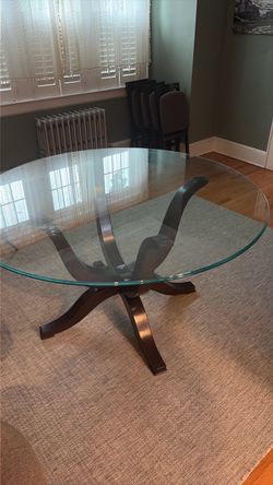 54” Round Glass Top Dining Table – Wood Base