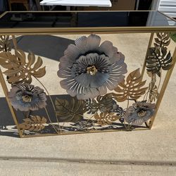 Lewahom Console Table, Vintage Art Sofa Table with Metal Flower Decor, Slim Entryway Tables with Glass Mirror Desktop Behind Sofa, Narrow Accent Sofa 