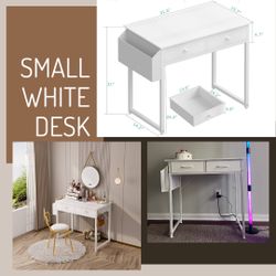 White laptop desk, Study Desk, 2 Drawer, Side Pocket Headphone Hook White 