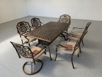 New Antique Bronze Cast Aluminum 7PC Patio Dining Set - Rectangular Table + 4 Chairs + 2 Swivel Chairs with Cushions