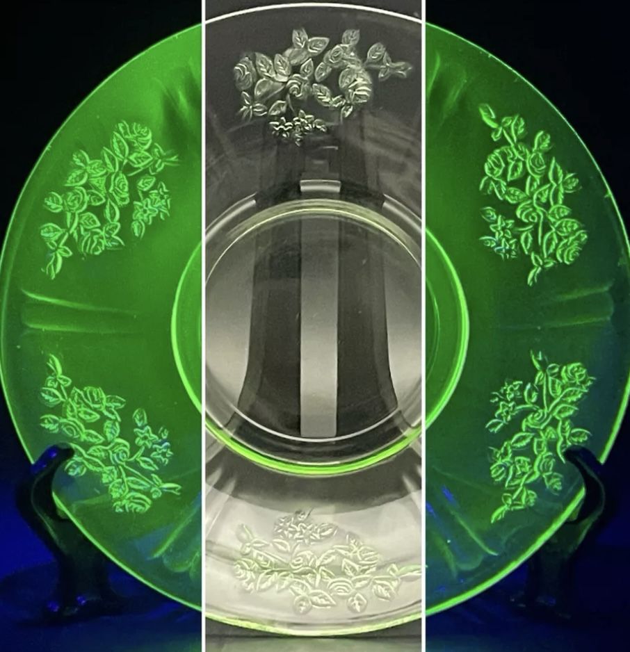 1930 Federal Sharon Green Saucer Cabbage Rose Depression Glass Glows UV Uranium