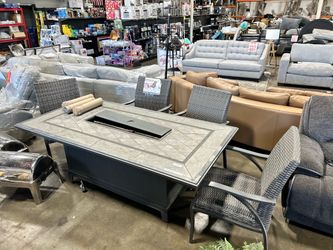 5pc Patio fire pit table and 4 wicker chairs, dining set