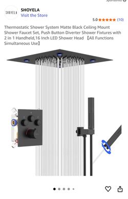 SHOYELA Thermostatic Shower System Matte Black Ceiling Mount 16 Inch LED Shower Head New