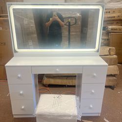 Vanity Desk Set with LED Lighted Mirror & Power Outlet, 7 Drawers Makeup Vanities Dressing Table with Stool, for Bedroom, White