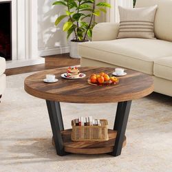 Round Coffee Table with Storage Shelf, 2-Tier Wooden Accent Center Table for Living Room, Rustic Brown