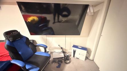 PlayStation 5 with 4 controllers, a controller charging dock, and the original PlayStation headset; a 65-inch Insignia Smart TV (purchased 4 months ag