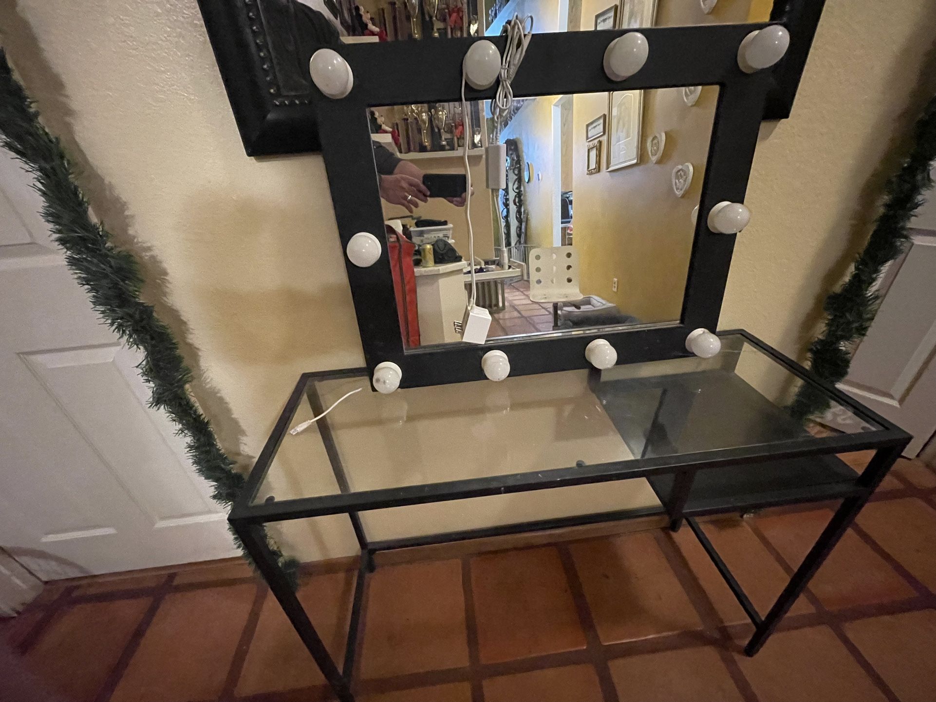 Small Glass Desk Vanity With Separate Lighted Mirror