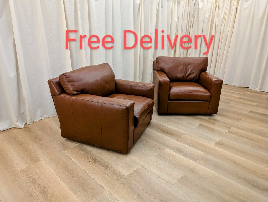 Crate and Barrel Axis Leather Swivel Club Chairs Pair Free Delivery