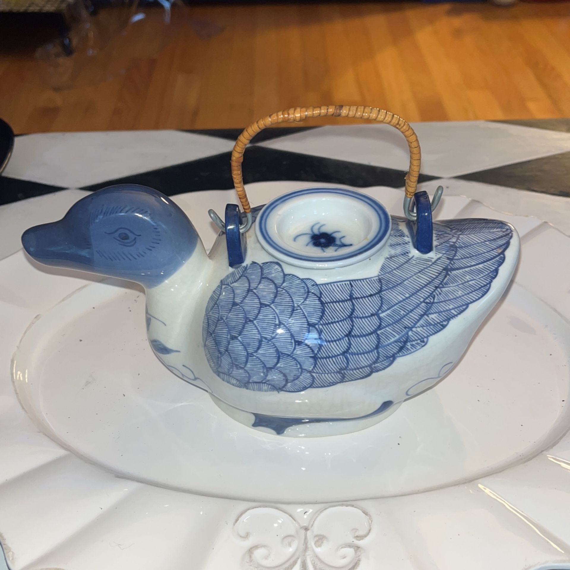 Vintage Blue & White Ceramic Duck Teapot