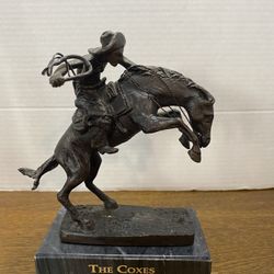 “The Bronco Buster” Bronze Statue Mounted On A Mable Base Cowboy On A Bucking Horse 