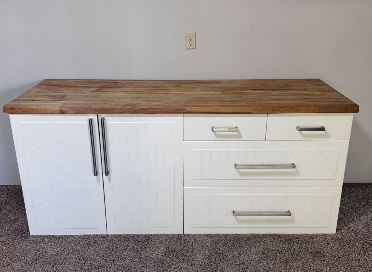 White IKEA Kitchen Cabinet with Butcher Block Top