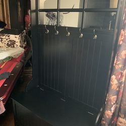 Hall Tree Coat And Shoe Rack Black With  Mirror On Top With Hooks