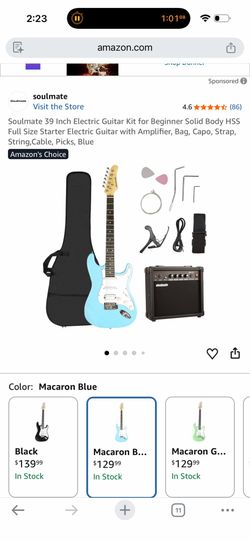 Soulmate 39 Inch Electric Guitar Kit for Beginner Solid Body HSS Full Size Starter Electric Guitar with Amplifier, Bag, Capo, Strap, String, Cable, Pi