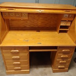 Antique Oak Desk, Top Roll. 52" Width X 52" Height X27" Deep.