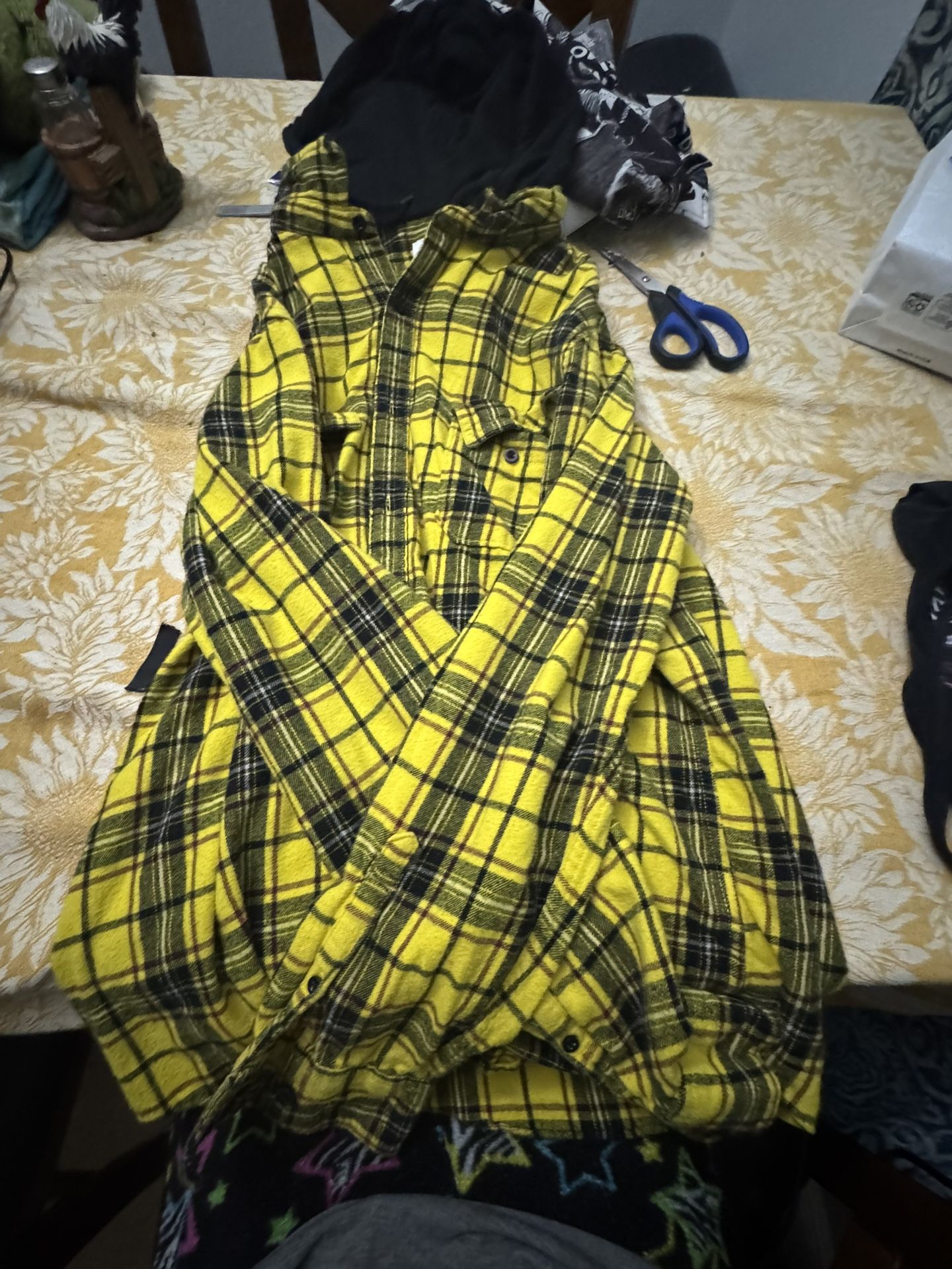 Yellow plaid sweater with built in black hood