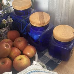 X3 Deep Blue Glass Canisters 