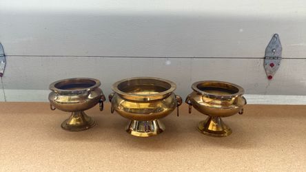 Set of 3 Brass Pedestal Urns with Ring Handles