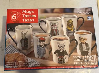 Signature Hipster Animals Coffee Mug Set of 6 Stoneware Large 16.5 oz
