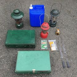 Large Lot Vintage Coleman Camping Stoves, Lanterns, Water Jug, Funnel
