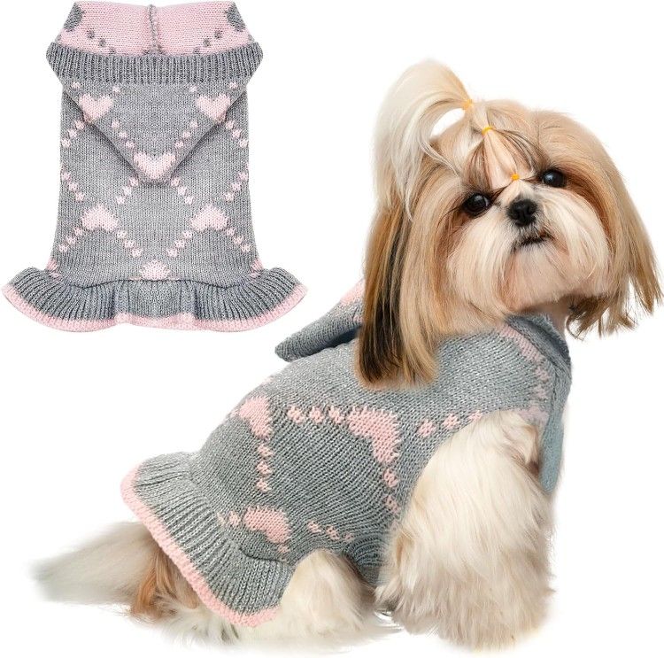 Brand New - BAEJMJK Dog Sweater Dress with Leash Hole Hooded Girl Dog Pullover Warm Turtleneck Dog Knitwear Cute Puppy Cat Knitted Clothes for Small M