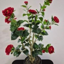 *** CLEARANCE *** Faux Red Camellia Tree Topped With Labradorite Stones in Resin Planter  @ Lasting Creations