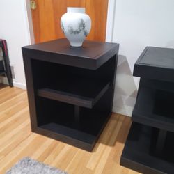 HAVE 2 END TABLES BLACK WITH BOTTOM SHELFS  I CAN'T  USE THEM IF YOU ARE INTERESTED  ONLY.MAKE OFFER AND PICK THEM UP TODAY  