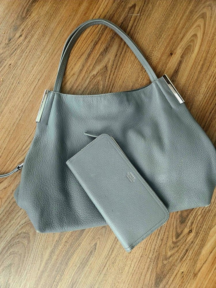 Vince Camuto Leather Purse | Stone Grey - Bonus Clutch