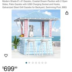 Modern Shade 8' x 8' Gazebo, Coastal Dream Pavilion with 2 Open Sides, Patio Gazebo with USB Charging Socket and Hooks