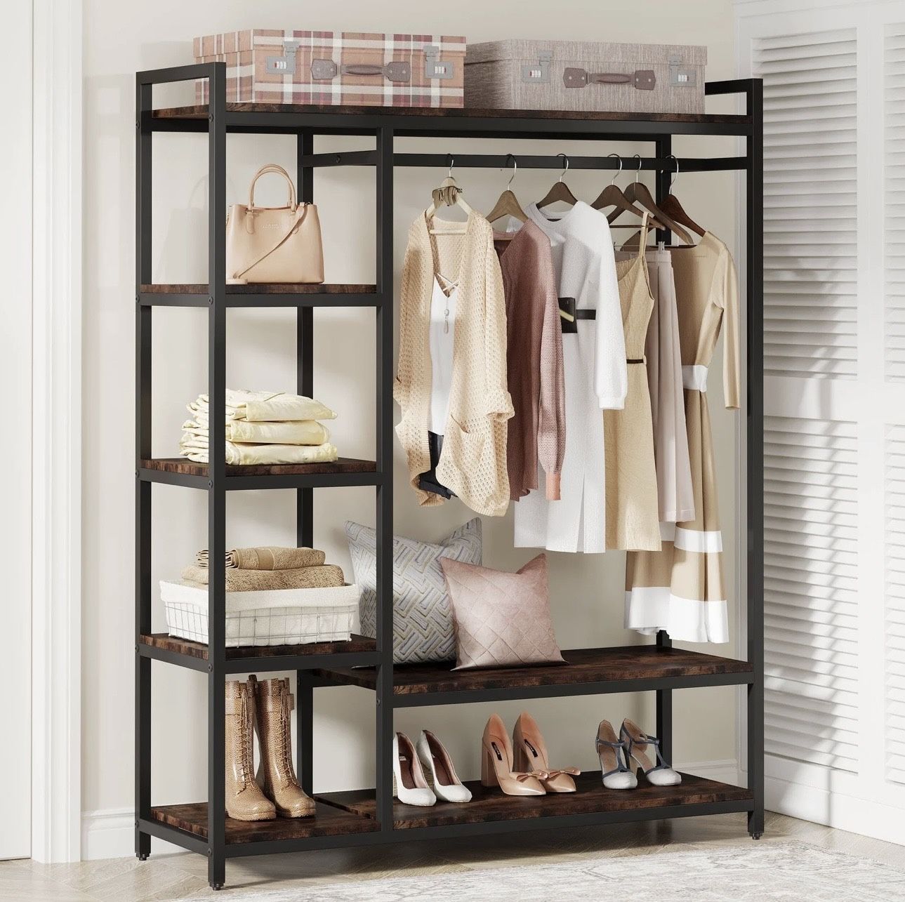 F1215 new assembled Freestanding Closet Organizer with 6 Shelves and Hanging Bar