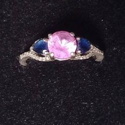 Pink Sapphire - & - Heart Shaped Blue Sapphires and Diamonds accent ring